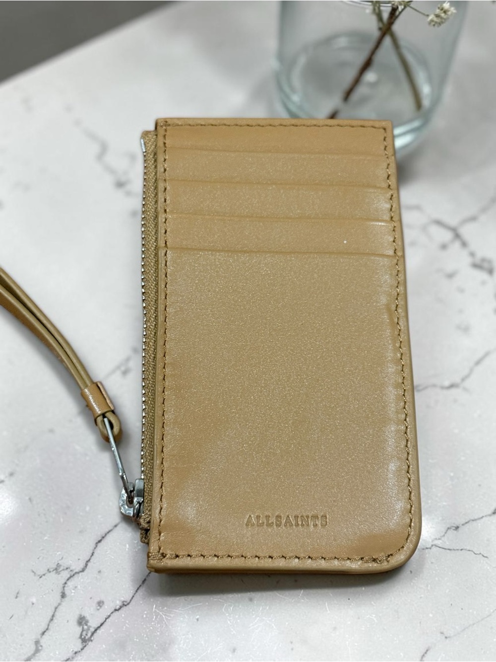 ALLSAINTS Marlborough Tan Brown Leather Zip Card Holder Wallet NWOT
